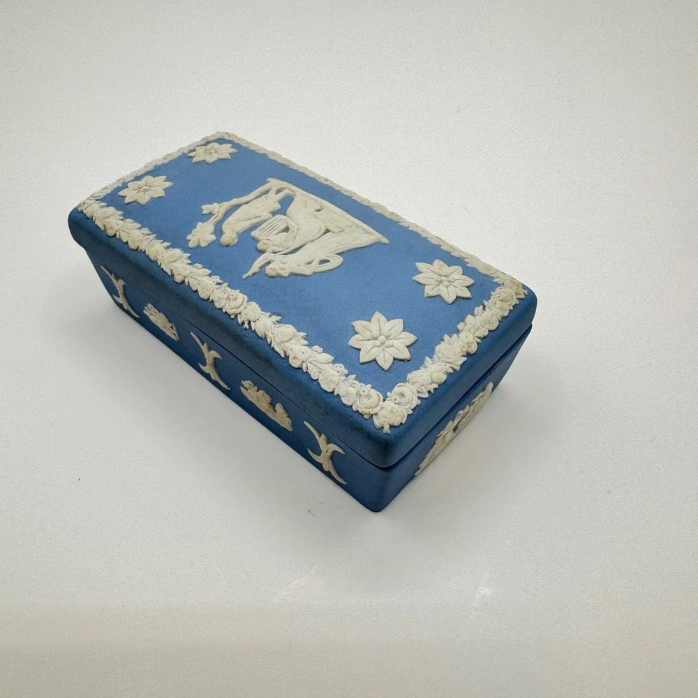 Wedgwood Blue Jasperware Rectangular Trinket Box Neoclassical Made in England